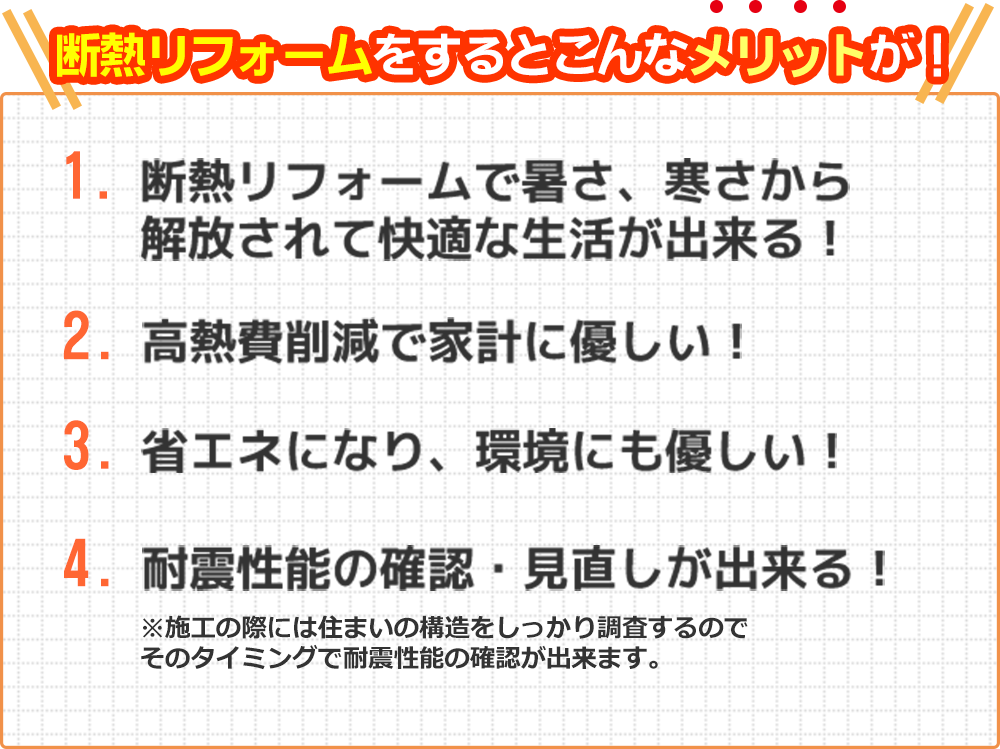 断熱リフォームをするとこんなメリットが！断熱リフォームで暑さ、寒さから解放されて快適な生活が出来る！高熱費削減で家計に優しい！省エネになり、環境にも優しい！耐震性能の確認・見直しが出来る！※施工の際には住まいの構造をしっかり調査するのでそのタイミングで耐震性能の確認が出来ます。